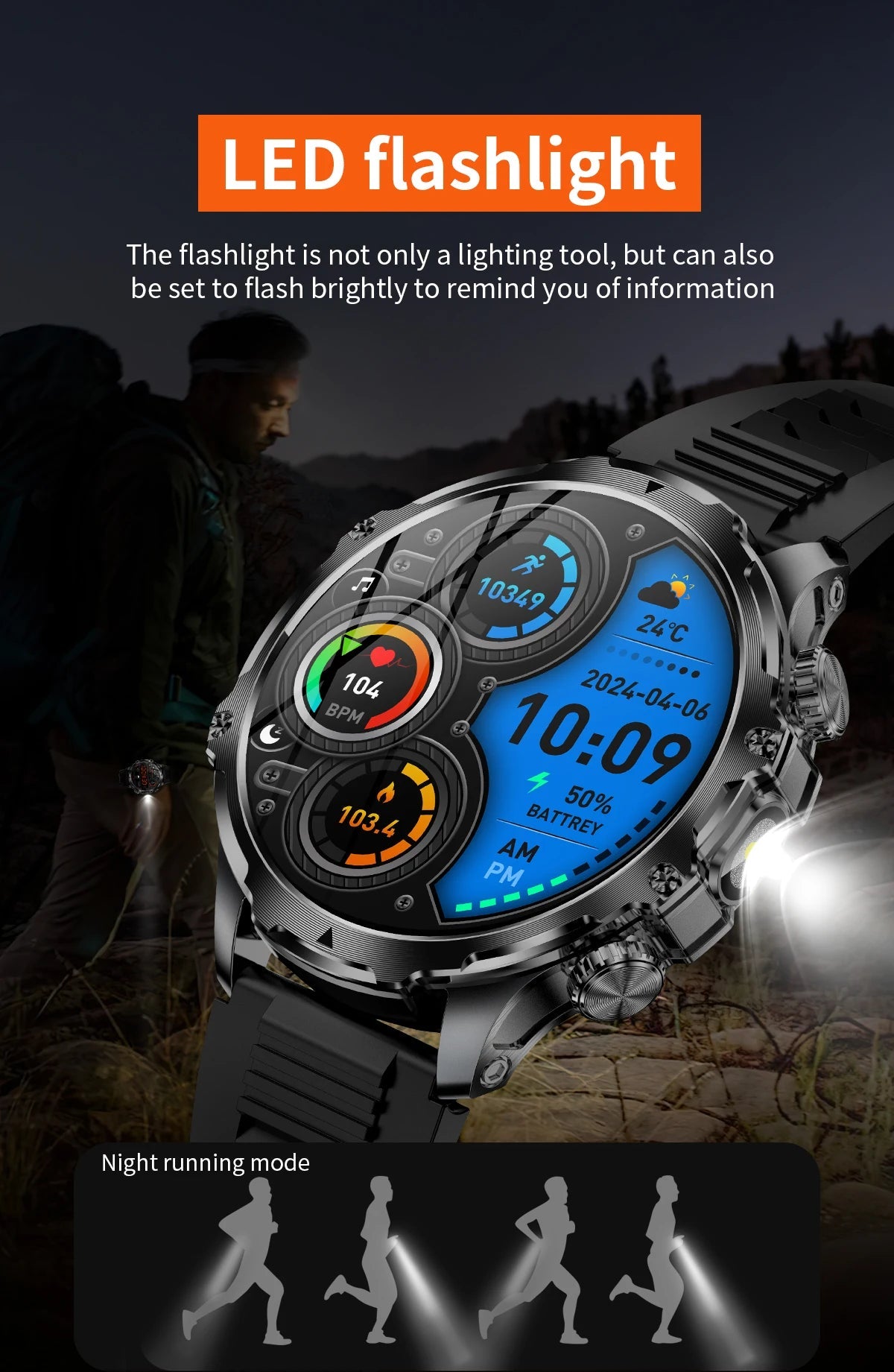 AK75 Smart Watch Fitness Tracker Flashlight