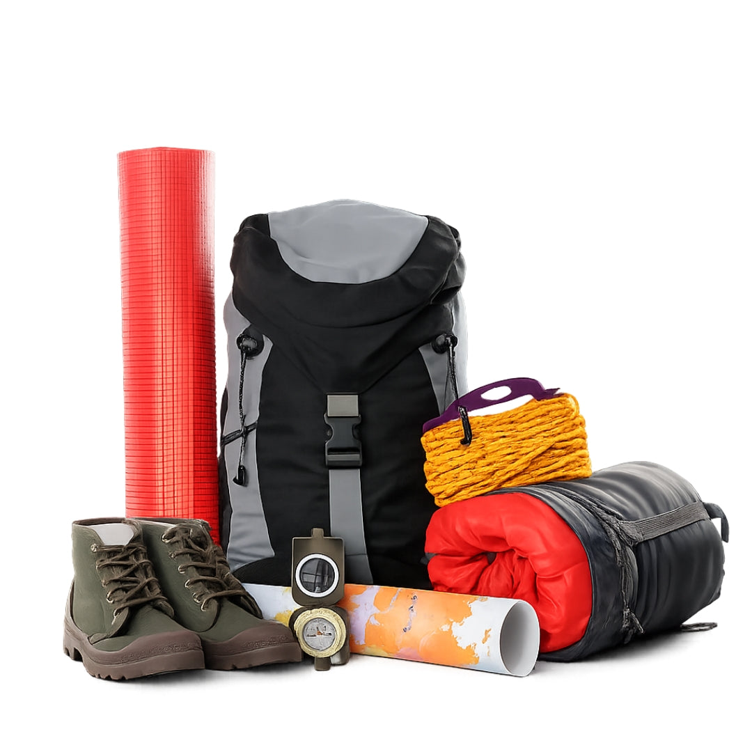 A hiking gear set arranged on a white background, including a black and gray backpack, a red rolled sleeping pad, a yellow coiled cord or rope, a pair of olive green hiking boots, a map, a compass, and a small first-aid style kit.