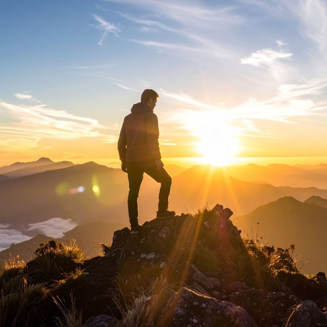 A silhouetted person stands on a rocky mountain peak at sunset, with layered mountain ranges and a glowing sun in the sky behind them.
